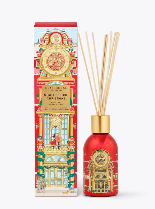 Glasshouse Fragrances Night Before Christmas 8.45 fl.oz. reed diffuser with decorative red bottle.