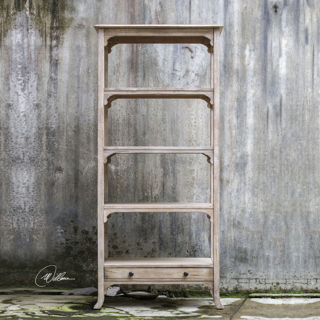Bridgely Aged White Etagere shelving unit with a distressed white finish and open display shelves.