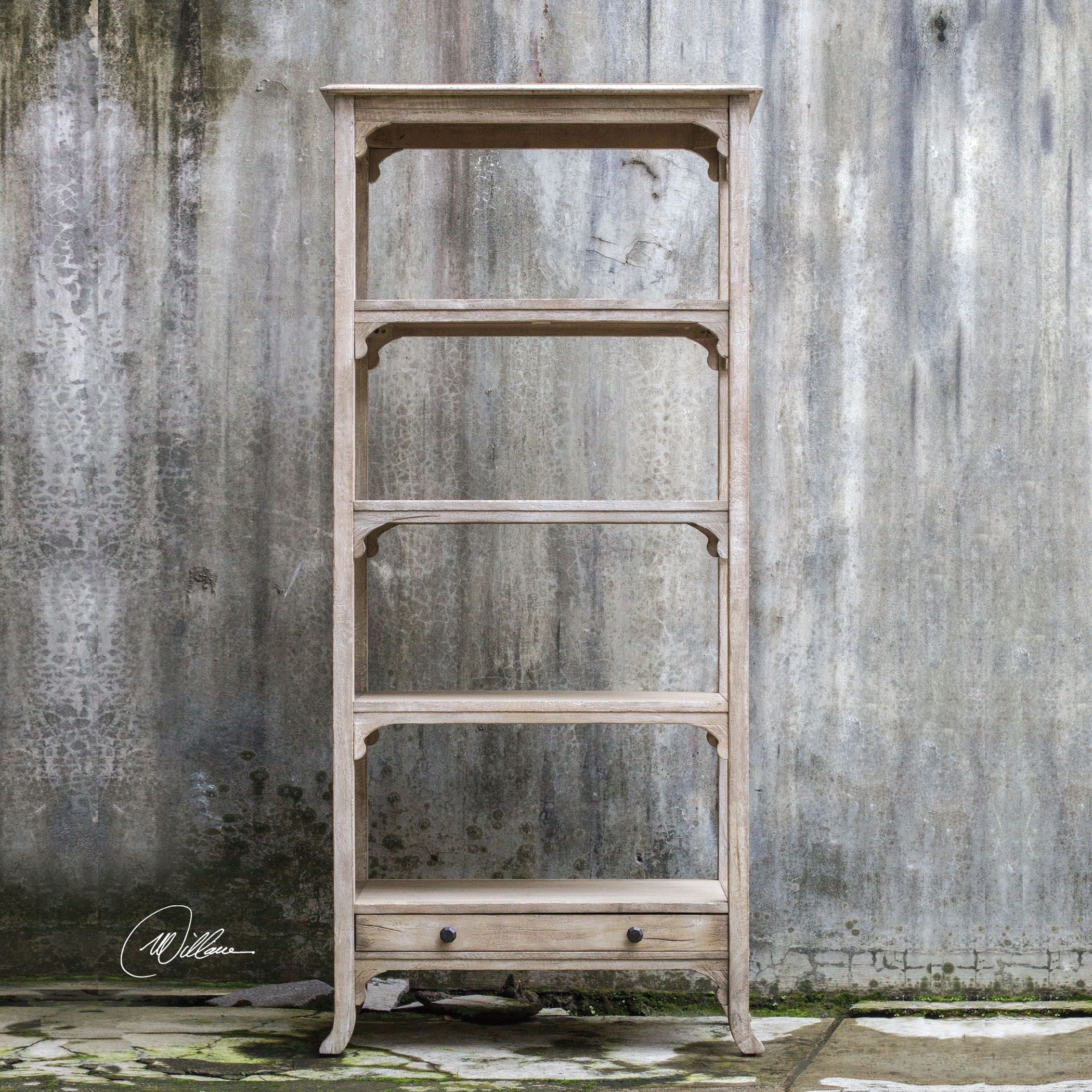 Bridgely Aged White Etagere shelving unit with a distressed white finish and open display shelves.