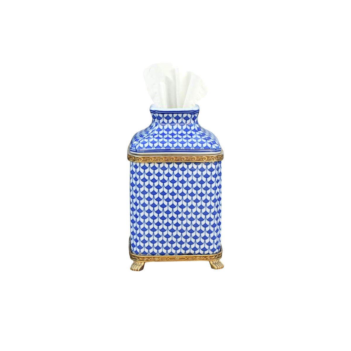 Blue and white porcelain square tissue box with fish-scale pattern and bronze base