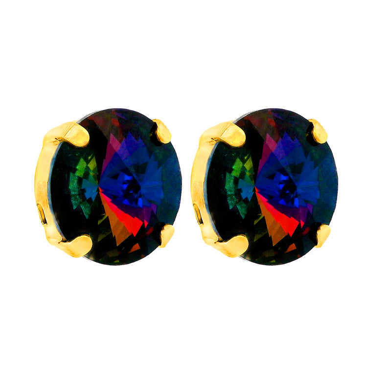 Antique gold-plated stud earrings with large clear crystals on surgical steel posts.