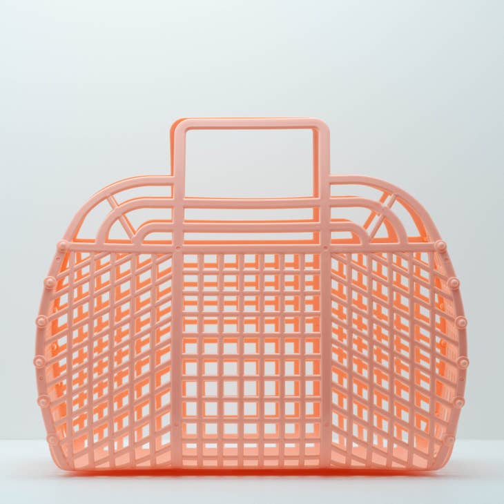 Large retro jelly basket in translucent blue with snap-bead construction.
