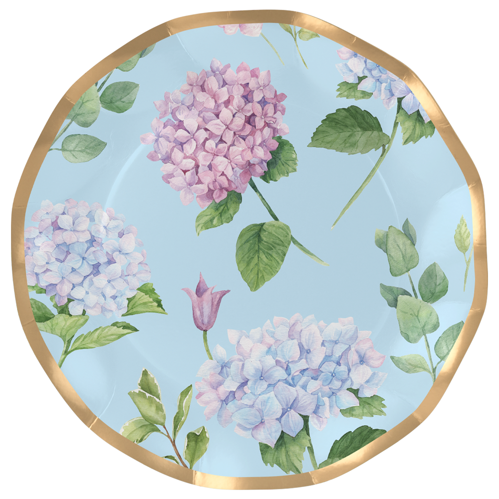 10-inch round blue paper dinner plate with watercolor hydrangea flowers and a gold foil rim.