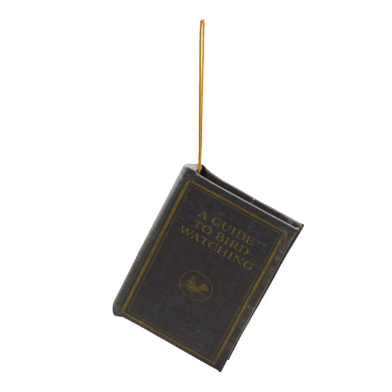 MDF and fabric book ornament titled A Guide to Bird Watching with a gold hanging string.