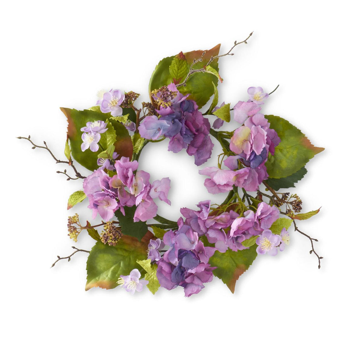 Purple hydrangea wreath candle ring made of polyester wire with a circular silhouette.
