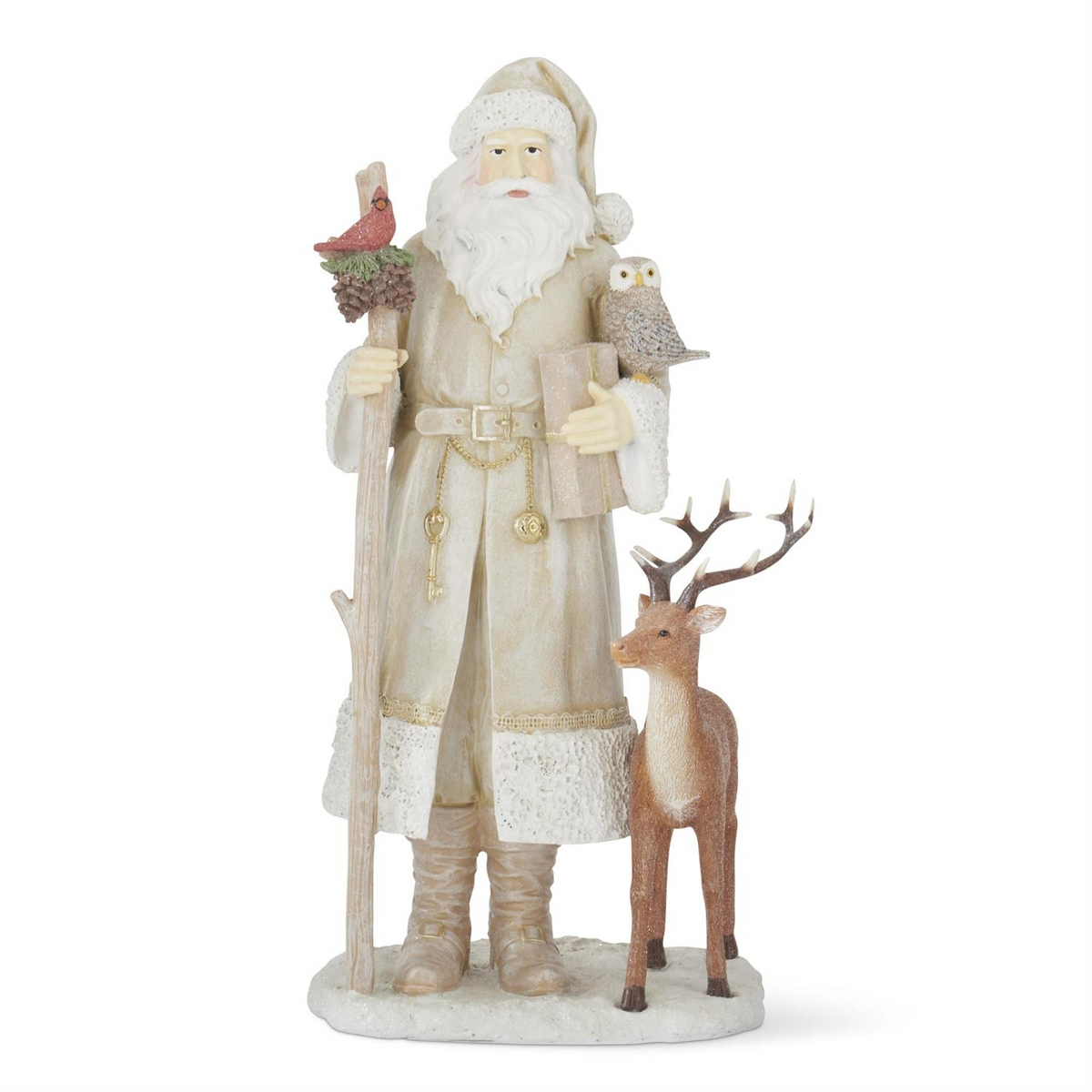 15.25-inch resin cream coat Santa figurine with a cardinal, owl, and reindeer.