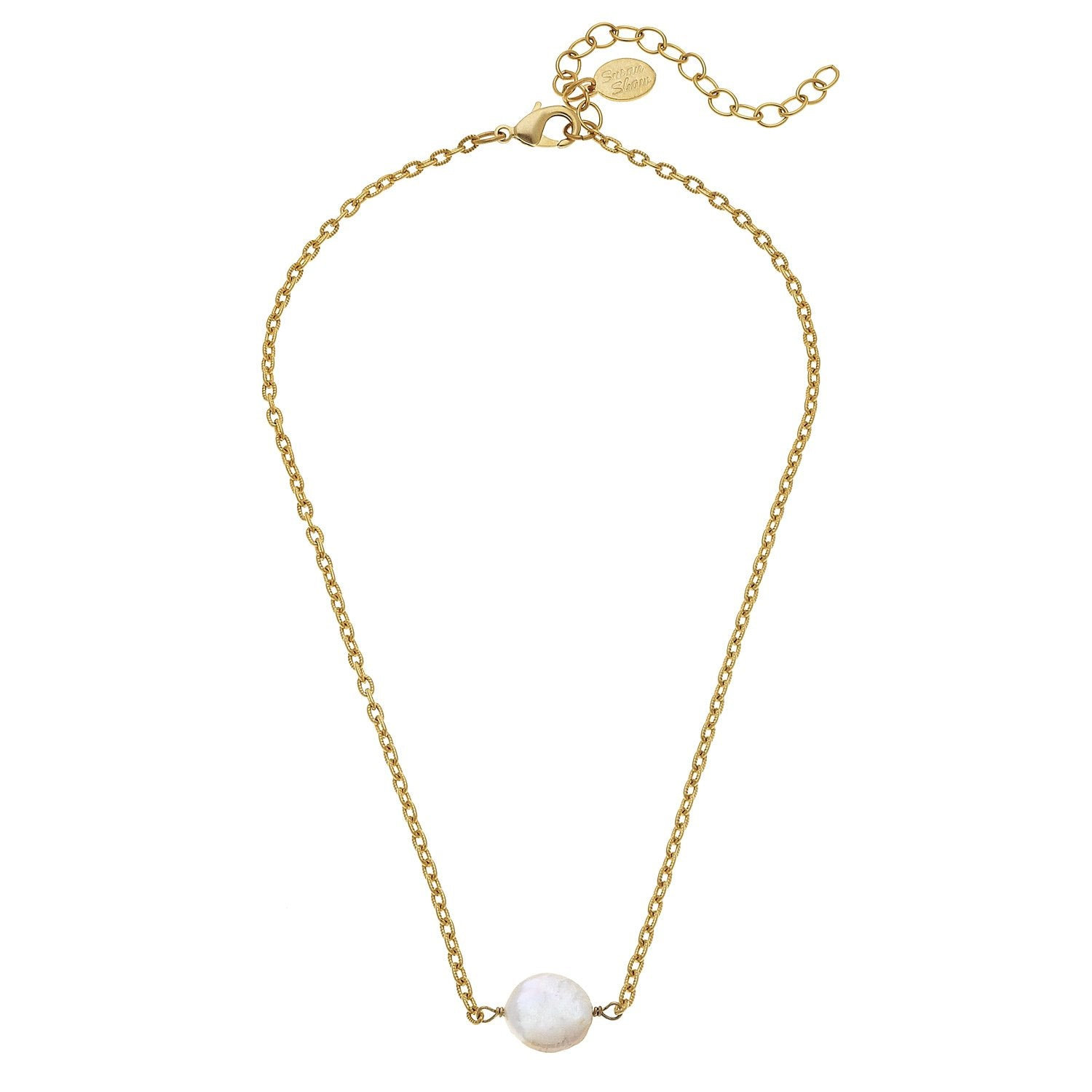 Dainty gold chain necklace featuring a single white baroque pearl pendant and lobster clasp.