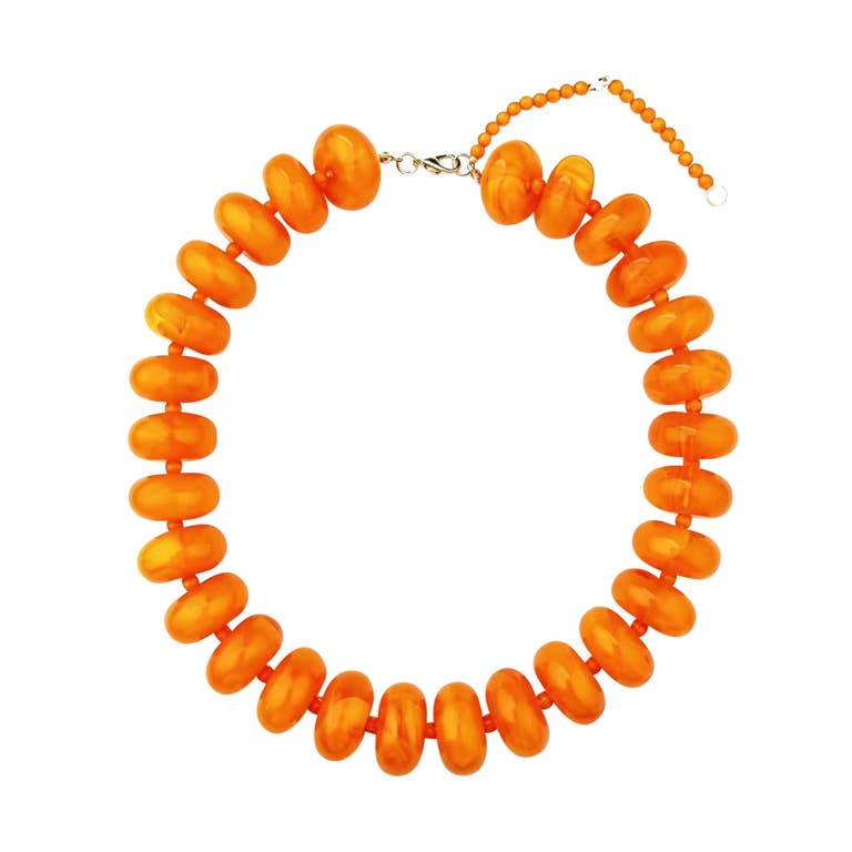 Bailey Chunky Beaded Necklace featuring large, glossy orange marbled beads on a gold-tone chain.