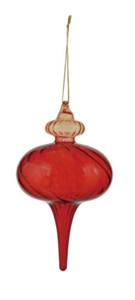 Two-tone glass finial ornament with a red ribbed body and a clear top hanging from a gold string.