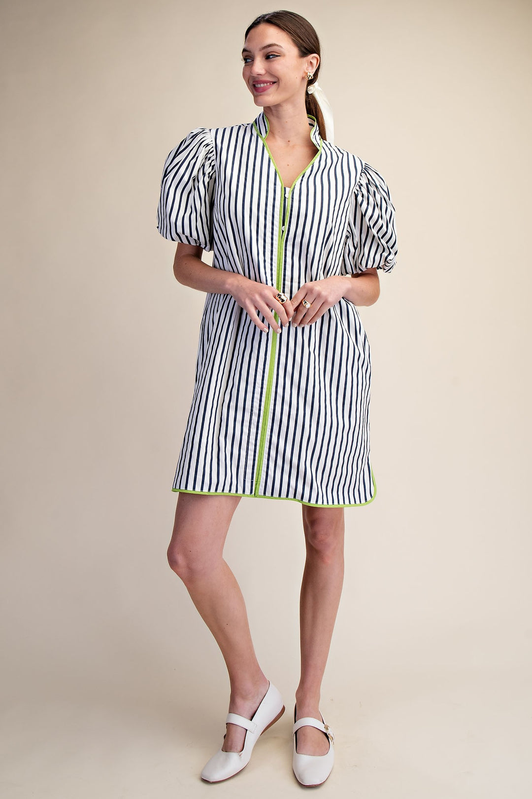 Aliyah Collar Neck Puff Sleeve Stripe Mini Dress