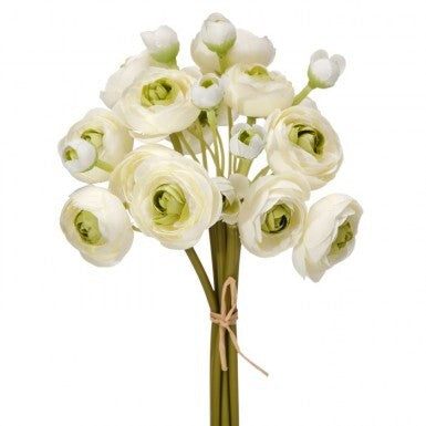 Bundle of eleven-inch garden ranunculus flowers in natural tones.