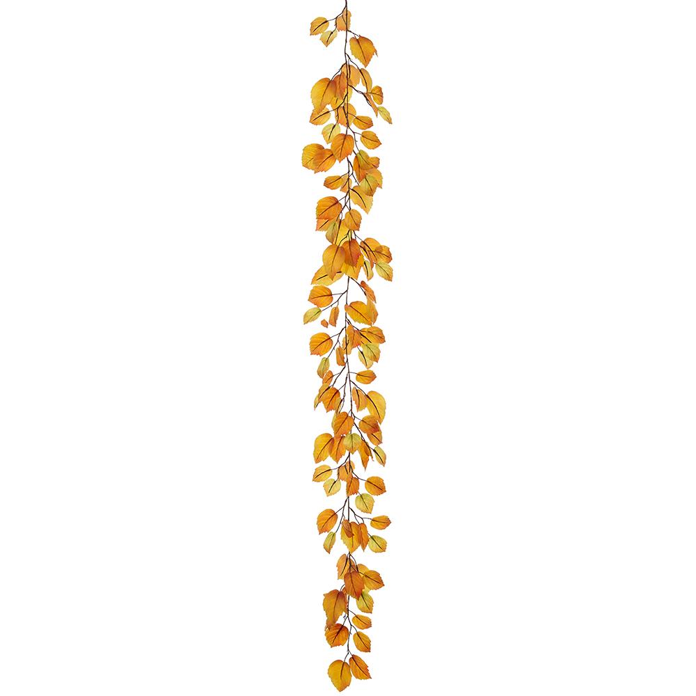 6-foot beech leaf garland with mustard and green autumn leaves on a vertical stem.