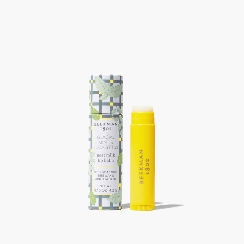 Beekman Lip Balm in a clear tube with gingham pattern packaging