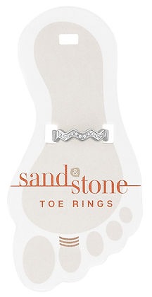 Sand & Stone silver-tone zigzag toe ring with small clear stones on a foot-shaped card.