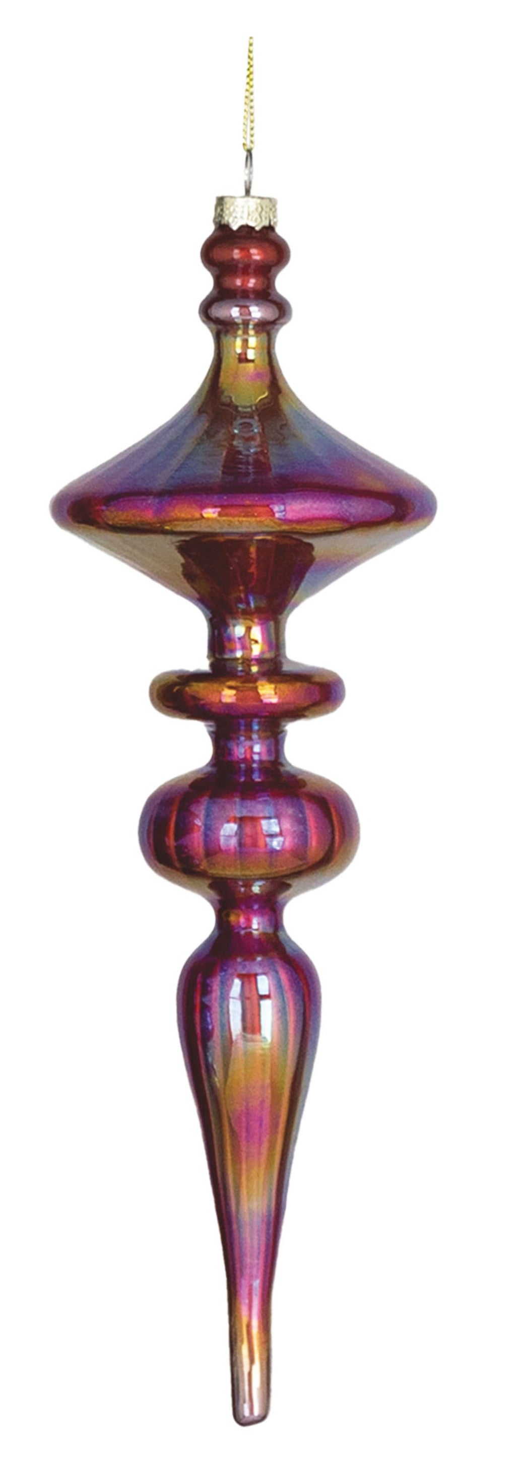 Large iridescent burgundy mercury glass finial Christmas ornament with a tiered, pointed design.