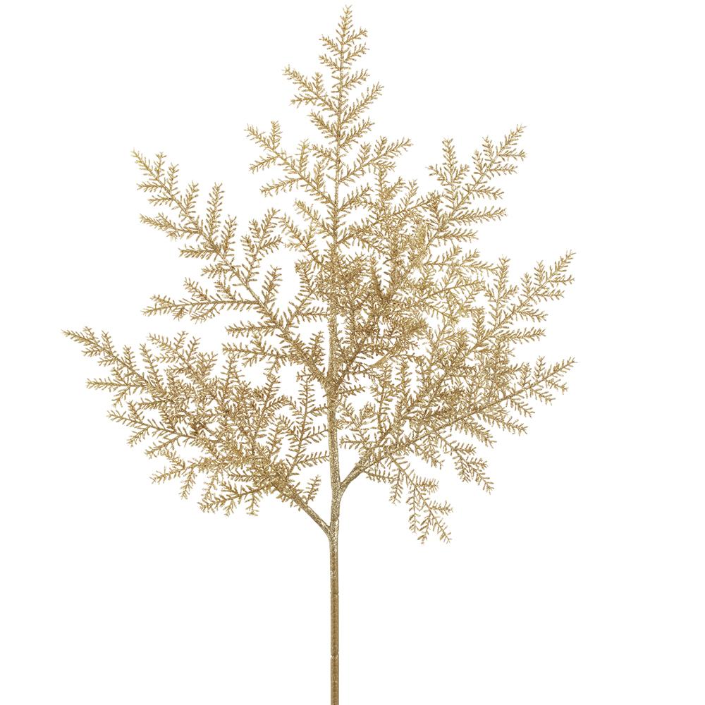 31-inch gold glittered pine spray with a central stem and branching textured needles.