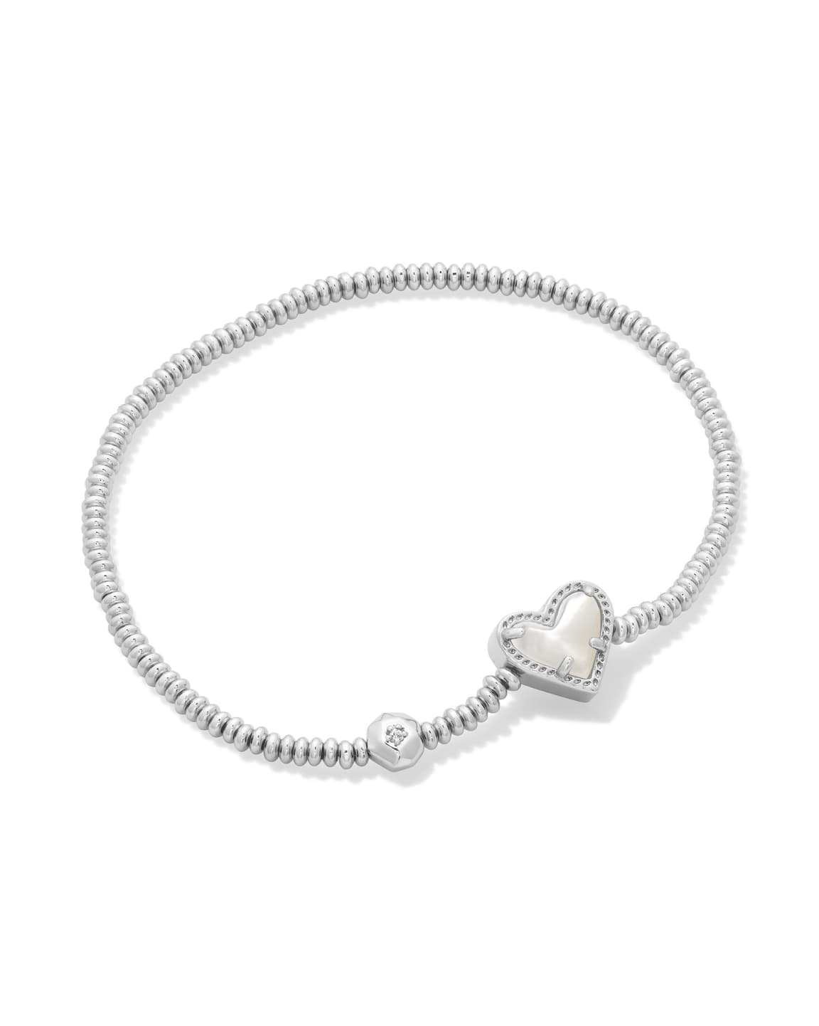 Ari Heart Silver Stretch Bracelet with a white mother-of-pearl heart charm and silver beads.