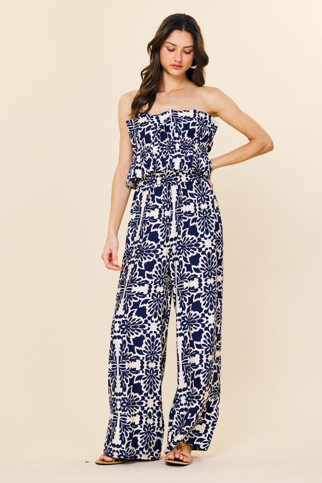 Avery Printed Wide Leg Strapless Jumpsuit