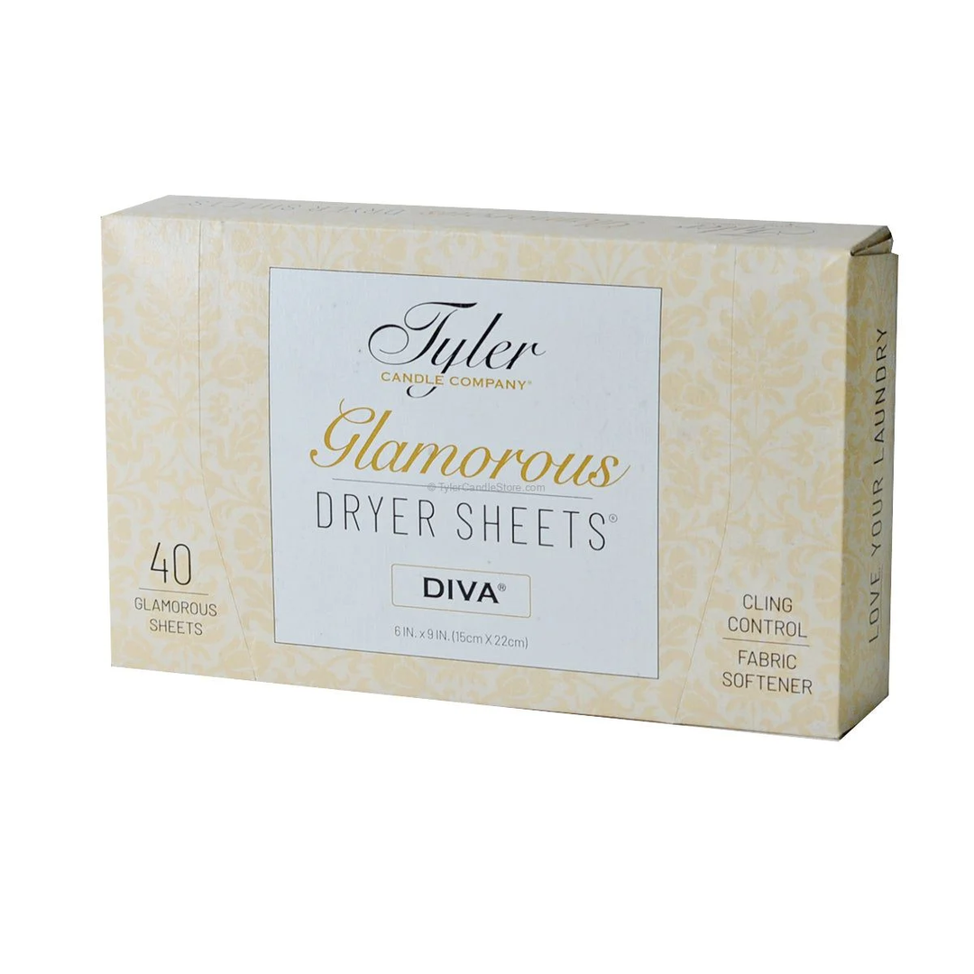 Box of 40 Tyler Candle Company Diva Glamorous Dryer Sheets for cling control and fabric softening.