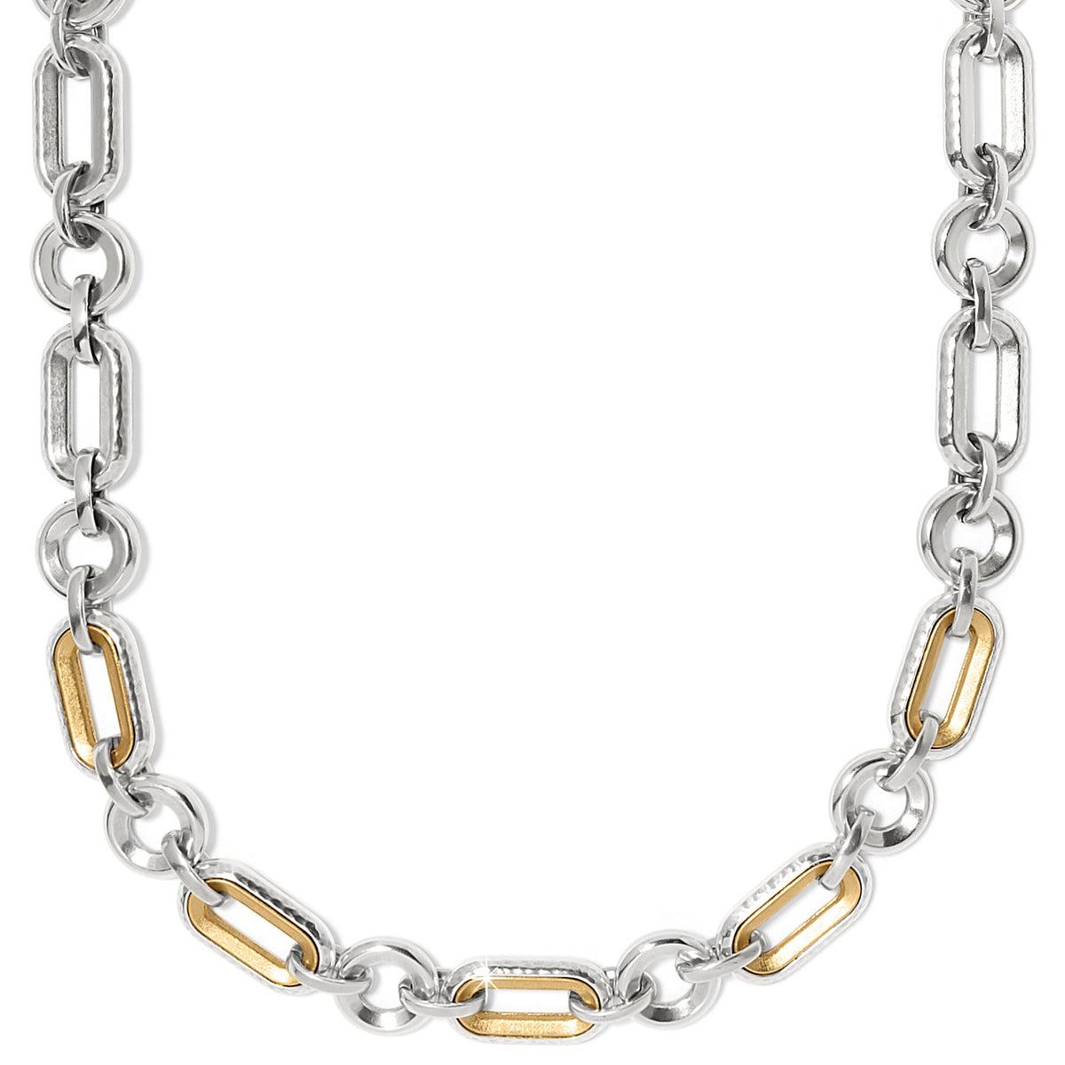 Two-tone silver and gold hammered link necklace with alternating oval and round links.