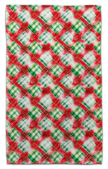 Waffle weave eco-friendly towel in neutral tone with textured grid pattern.