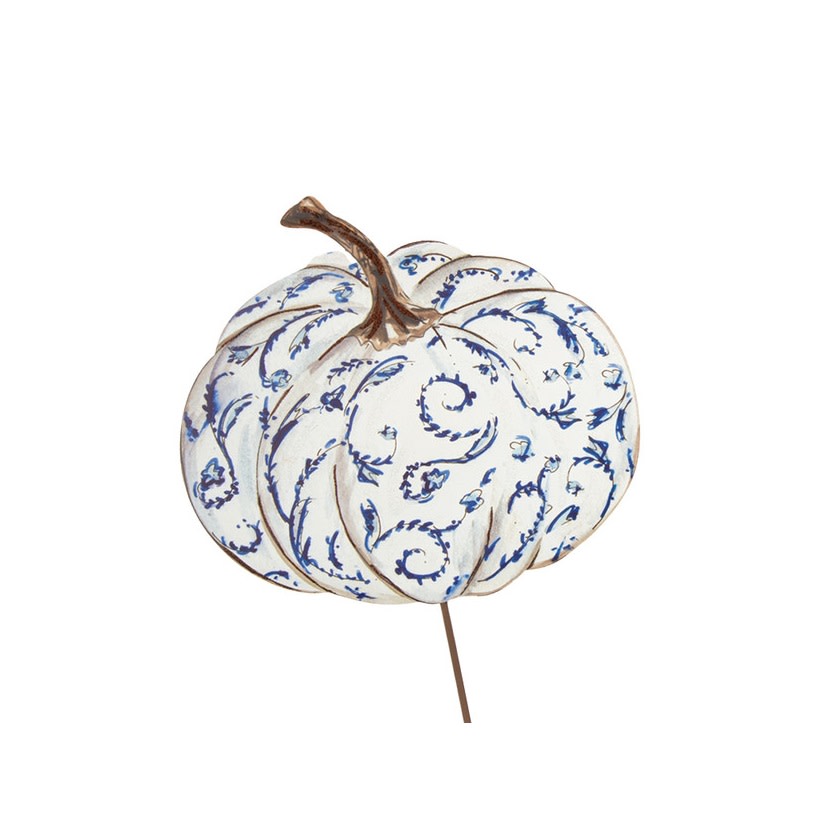 Blue and white pumpkin stake decoration with a classic fall silhouette.