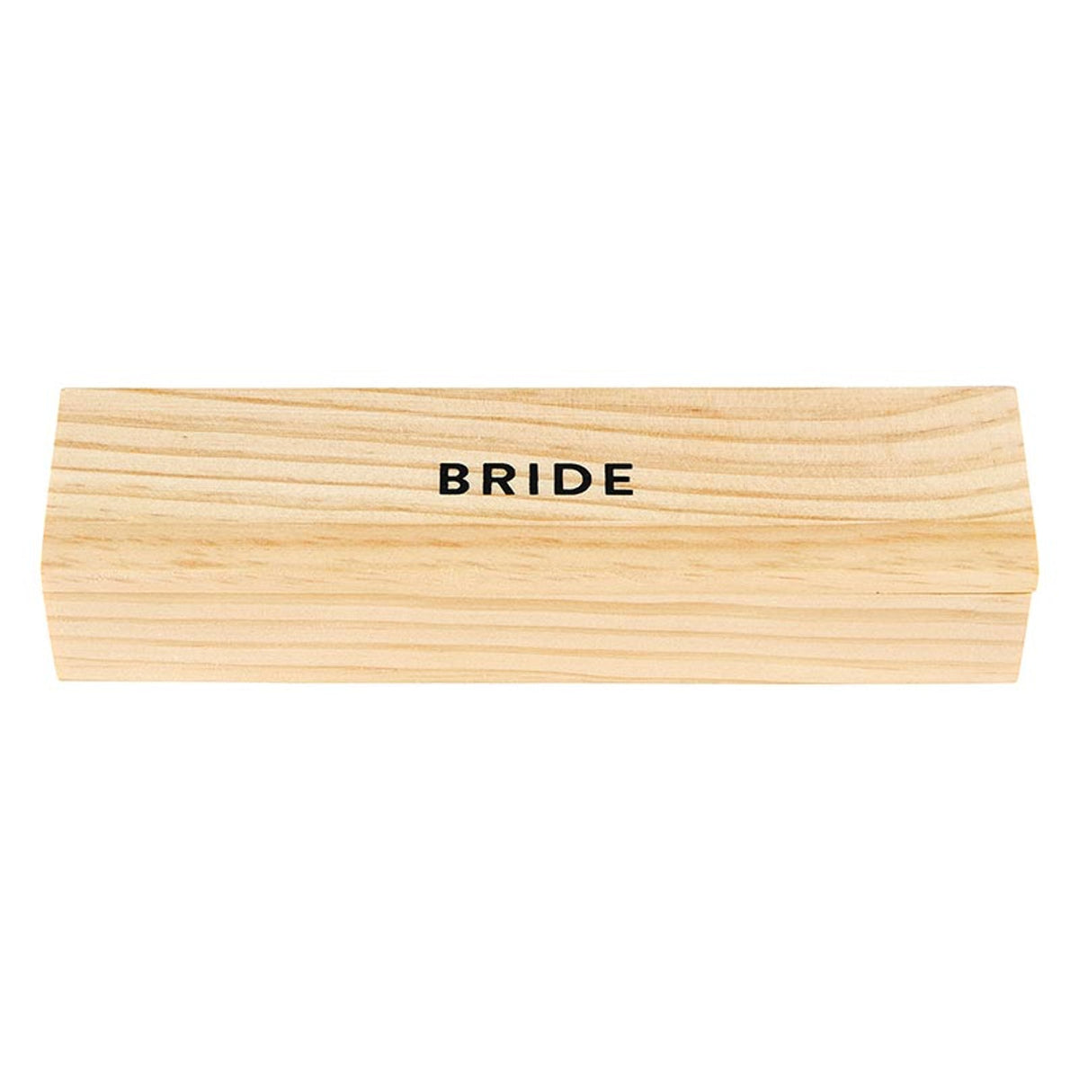 Rectangular light-colored pinewood box with the word BRIDE printed in black on the lid.