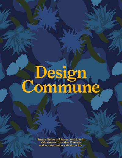 Design Commune book cover with yellow text on a dark blue floral pattern.