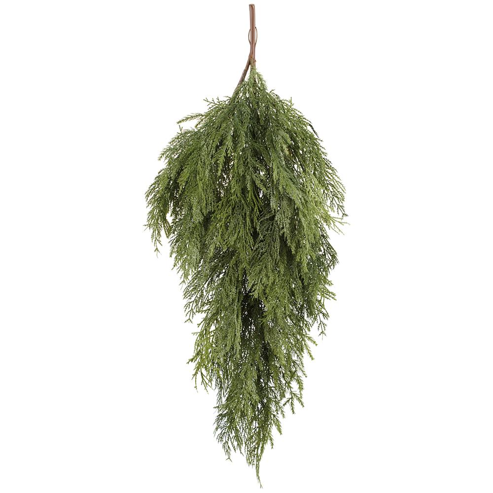 36-inch teardrop-shaped plastic plant hanger with glittered mixed cedar green finish and iron wire frame.