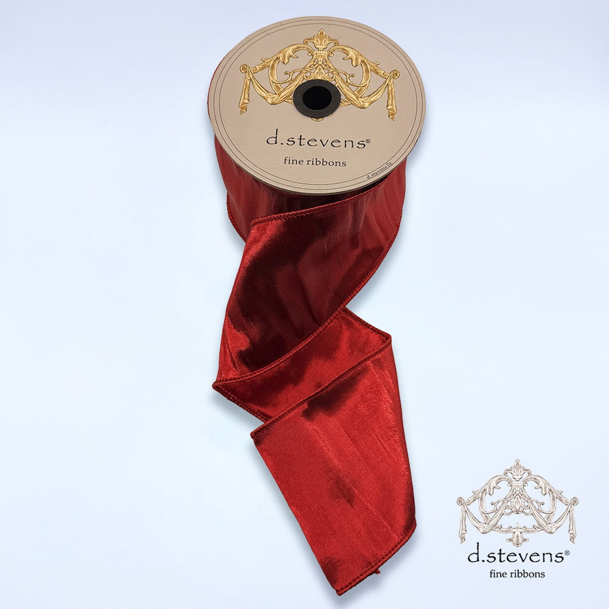 4 inch wide red metallic dupion ribbon on a spool by d.stevens fine ribbons.