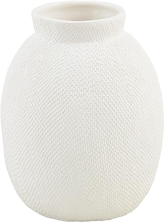 Tall pressed texture stoneware vase in neutral tone with cylindrical silhouette.
