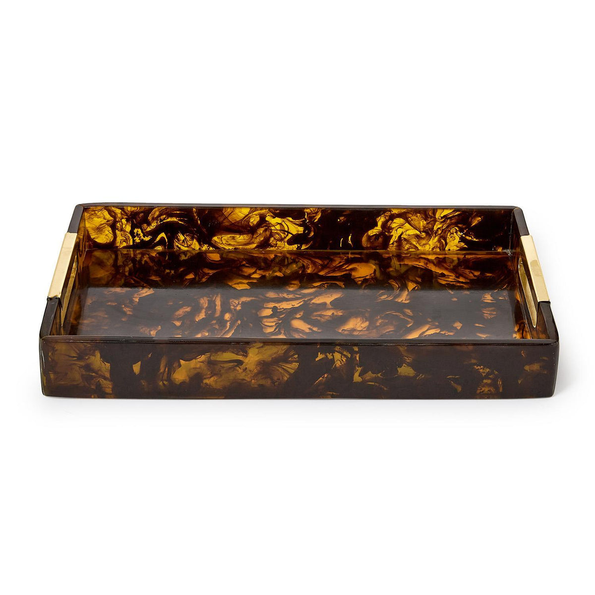 Rectangular tortoise swirl resin serving tray with gold-finished brass handles.
