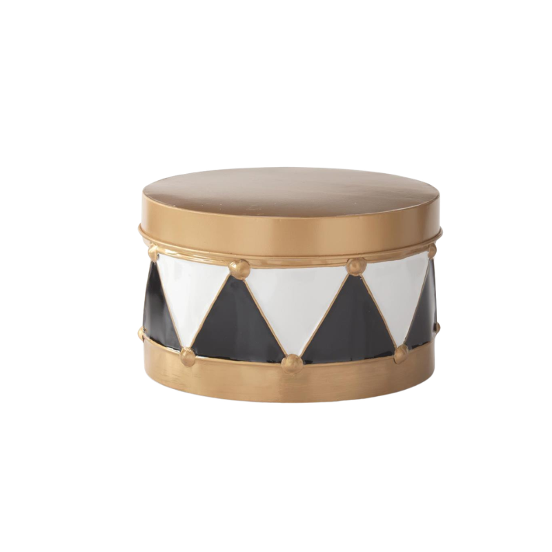 Black and white harlequin pattern metal drum container with gold trim and lid.