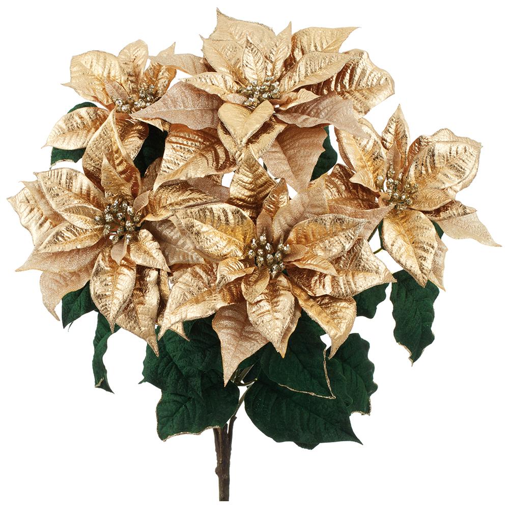 23-inch gold sparkle poinsettia bush with five glittered flower heads and green leaves.