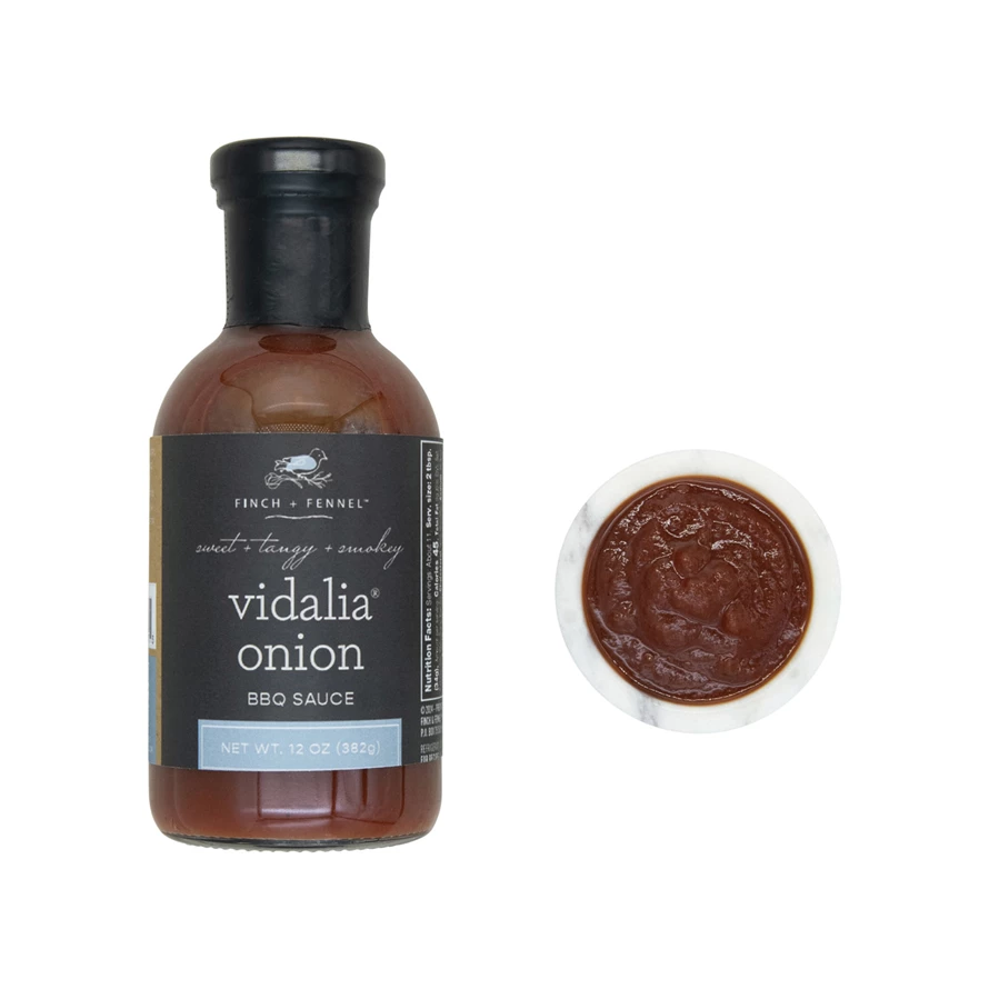 Bottle of Vidalia Onion BBQ sauce with a red label.
