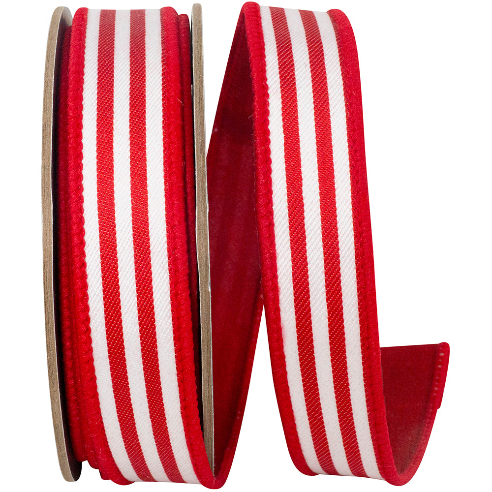 Red and white striped twill ribbon with a dupioni backing and wired edges on a spool.
