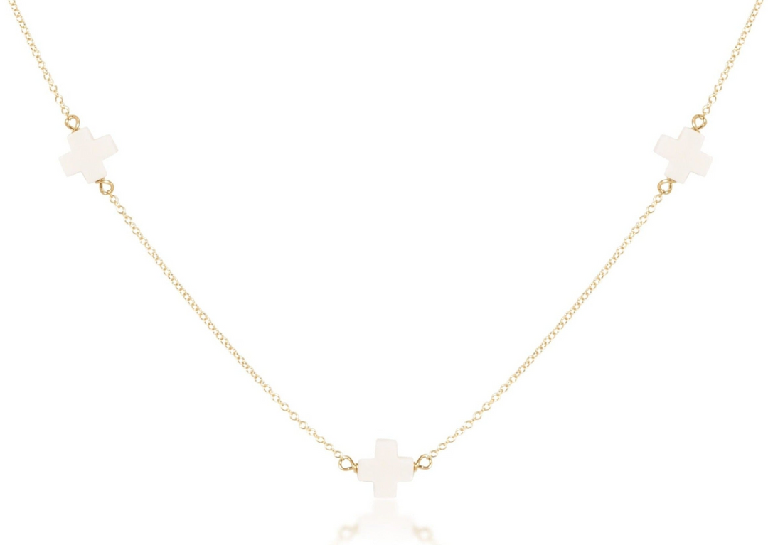 15 inch gold-filled chain choker with three small white signature cross charms.