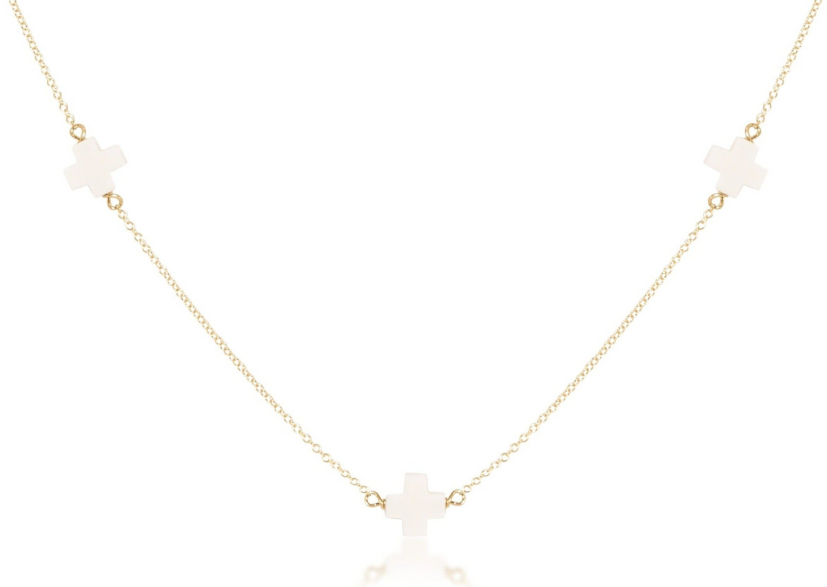 15 inch gold-filled chain choker with three small white signature cross charms.