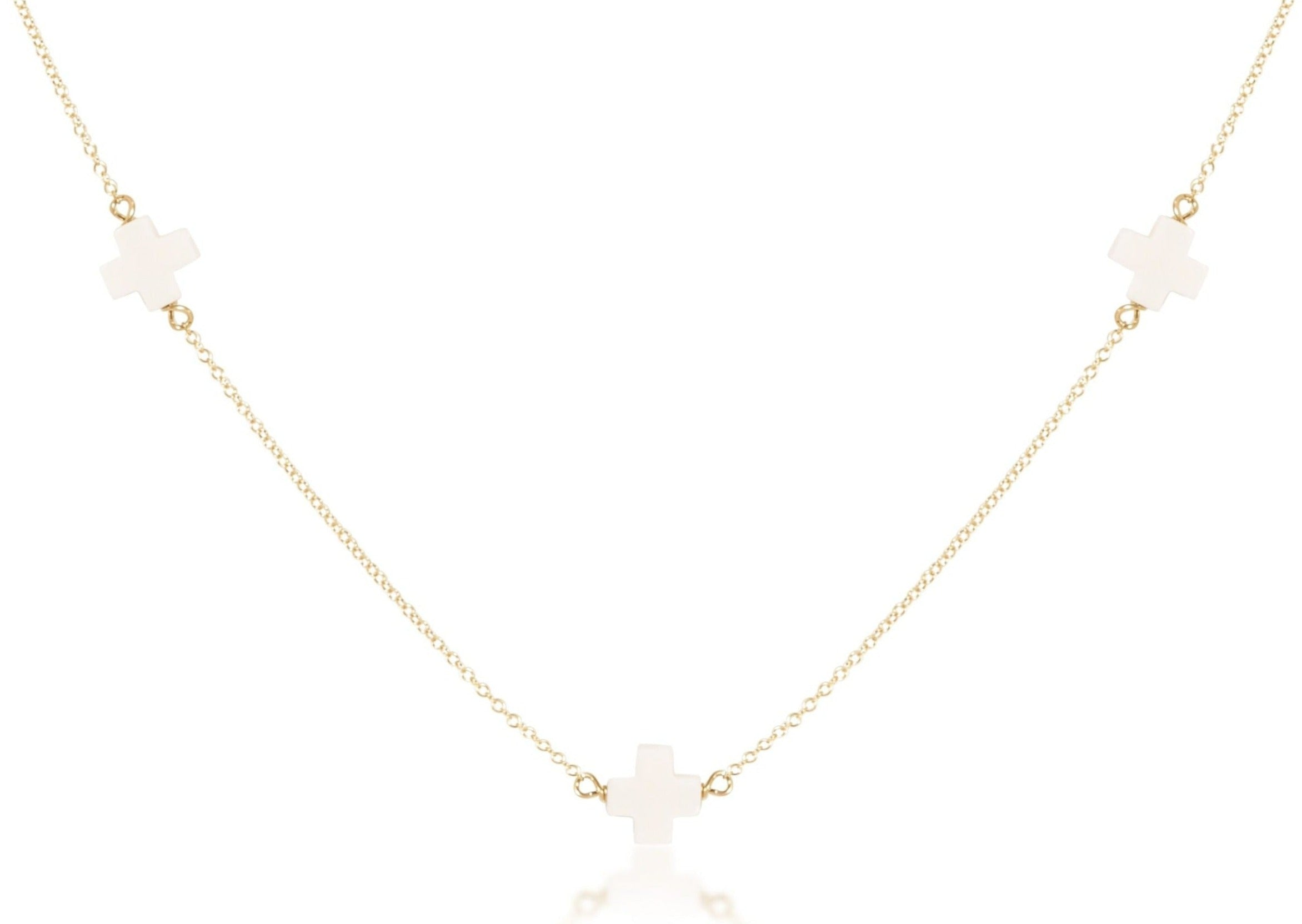 15 inch gold-filled chain choker with three small white signature cross charms.