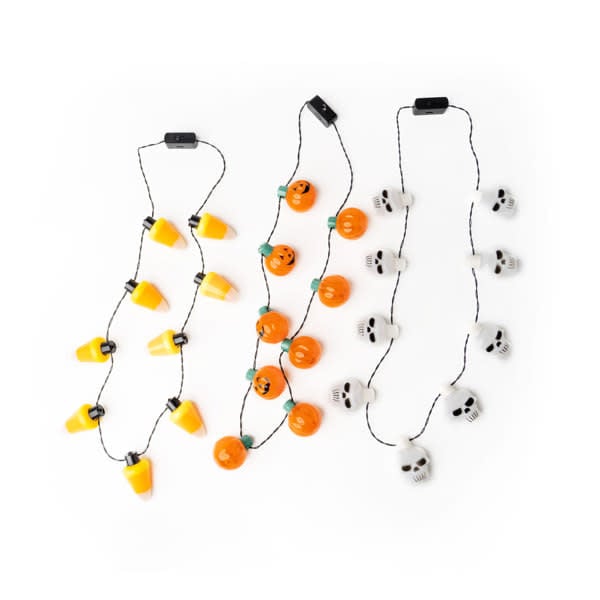 Halloween necklace with nine bright LEDs in black cord featuring three flashing light modes.