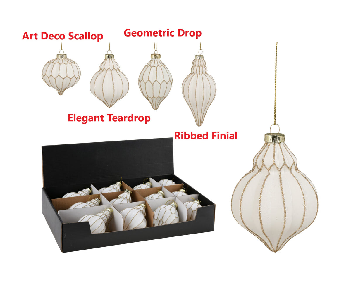 Set of 12 white and gold Christmas ball ornaments in four styles: Scallop, Drop, Teardrop, Finial.