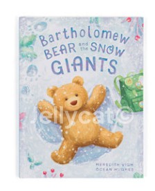 Bartholomew Bear and the Snow Giants children's book featuring a teddy bear making a snow angel.