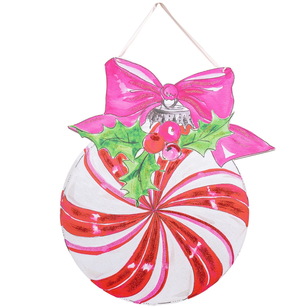 Beck's vintage candy cane ball PVC door hanger with red and white striped pattern.