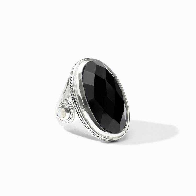 Silver Cannes Statement Ring with a large faceted black glass stone and shell pearl detail.