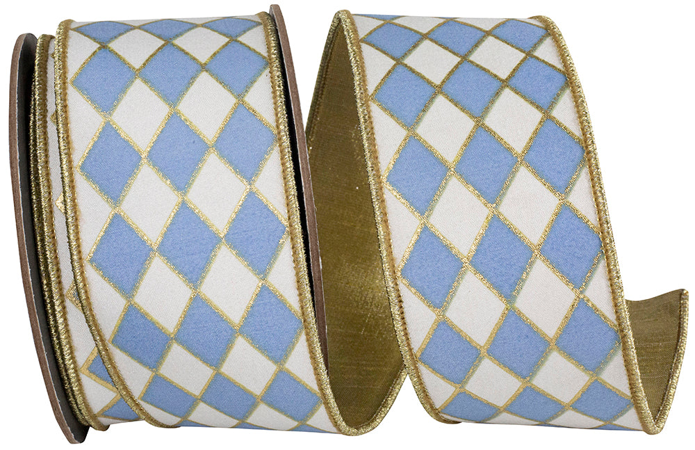 2-1/2 Inch Harlequin Solid Diamond Outline Gilded Deluxe Wired Edge White/French Blue