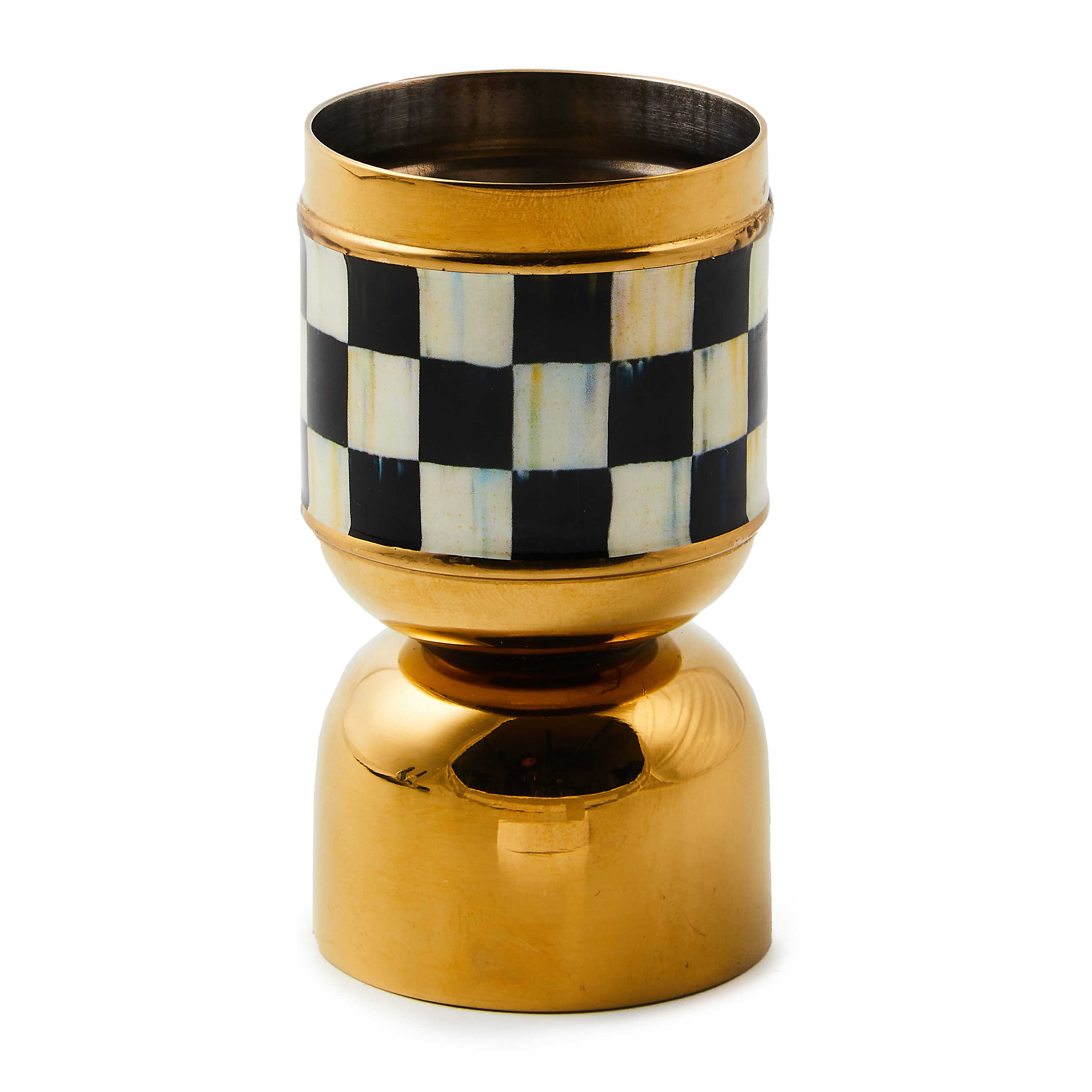 Double-sided stainless steel jigger with gold enamel coating featuring a courtly check pattern.