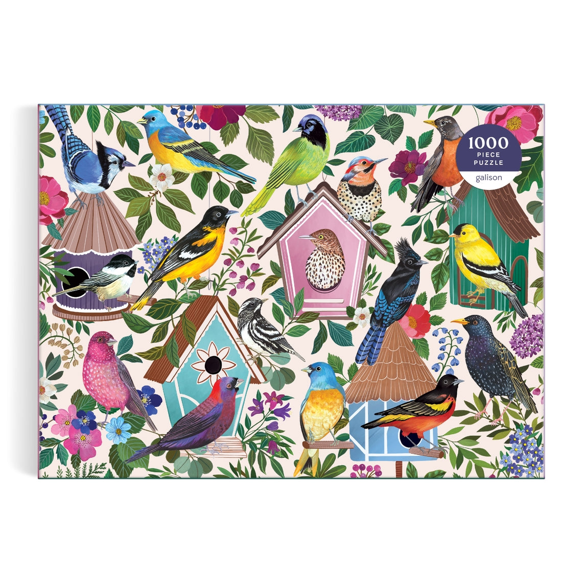 Birdhouse Lane 1000 Piece Puzzle featuring a colorful assortment of birds perched on and around decorative birdhouses.