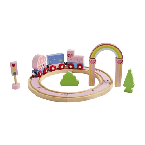 Wood rainbow train set with pine track, magnetic cars, trees, traffic lights, and arch accessory.