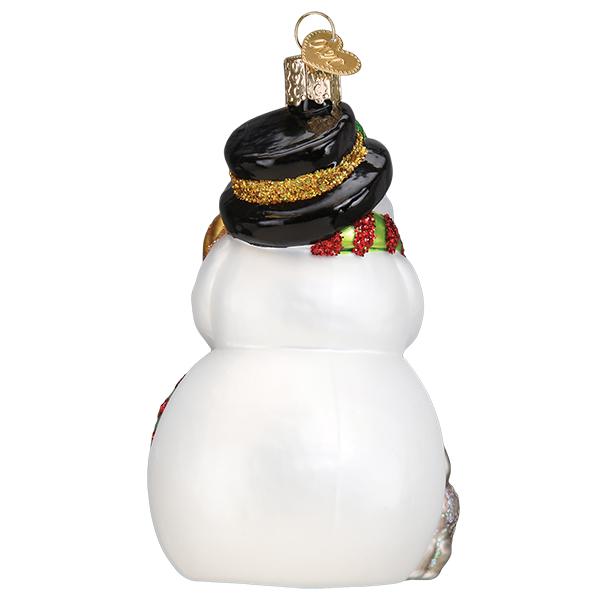 Back view of a white glass snowman ornament wearing a black top hat and a red and green scarf.
