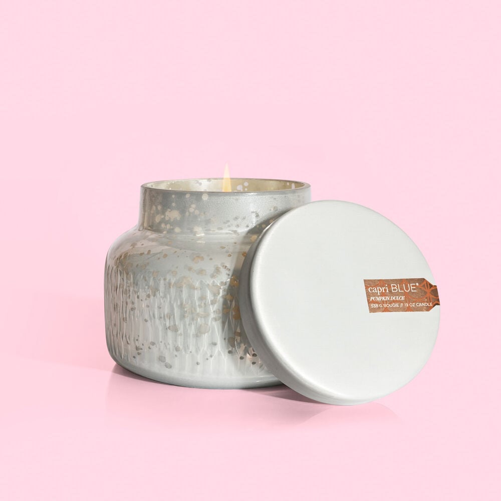 Mercury Signature Jar candle in Pumpkin Dulce Holiday scent with a metallic finish.